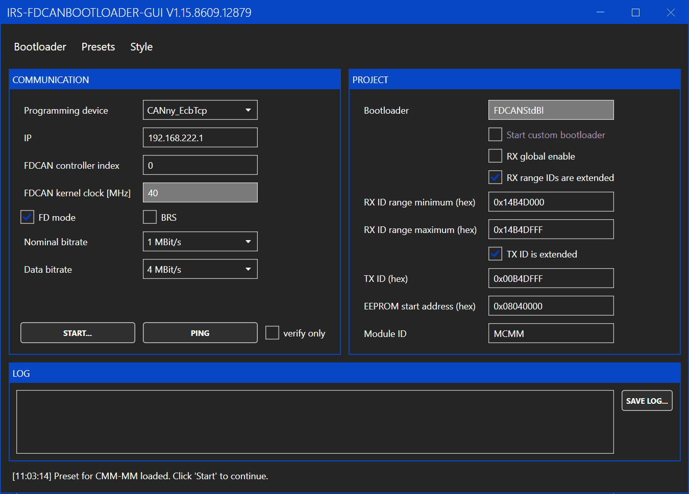 IRS FDCAN bootloader GUI with communication and project settings for CMM