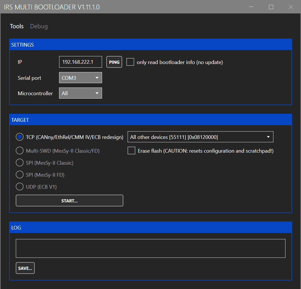 IRS Multi Bootloader window with IP, target TCP and START button