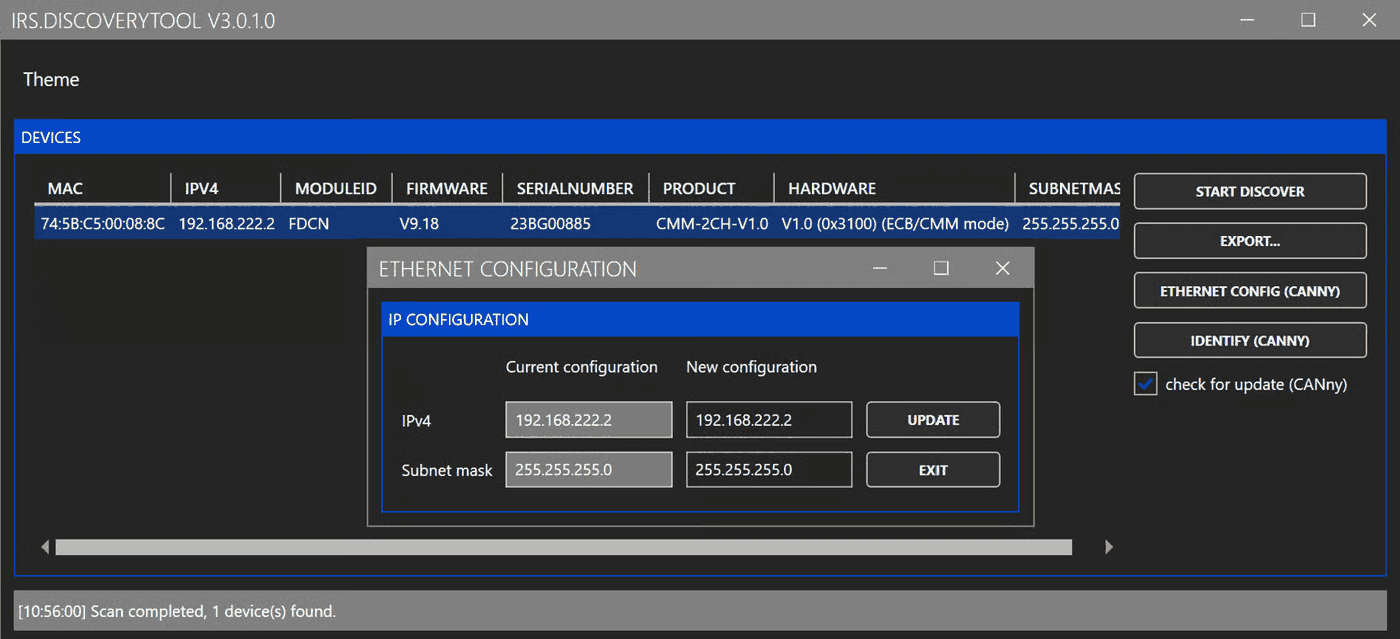 IRS DiscoveryTool with device list and Ethernet configuration dialog
