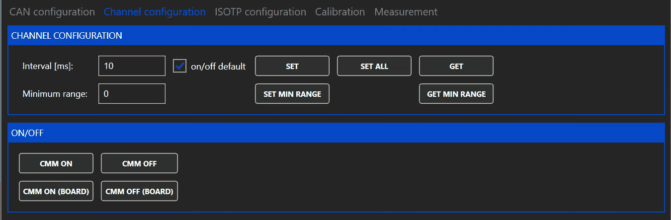 CHANNEL CONFIGURATION with interval, minimum range and ON/OFF buttons