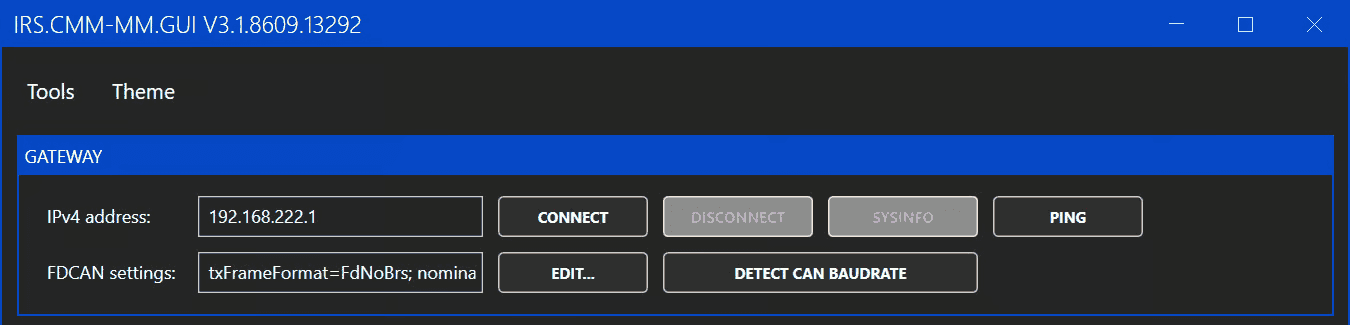 GATEWAY panel with IPv4 address, FDCAN settings, CONNECT and DETECT CAN BAUDRATE