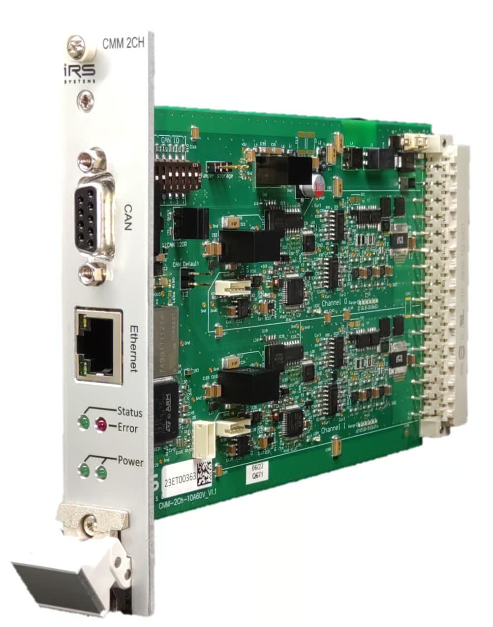CMM-xCH-Modul mit Frontplatte: CAN-D-Sub9, Ethernet, Status- und Power-LEDs