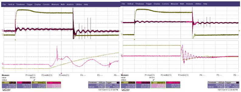 Oscilloscope captures with zoom on the positive (left) and negative (right) edge of the current step
