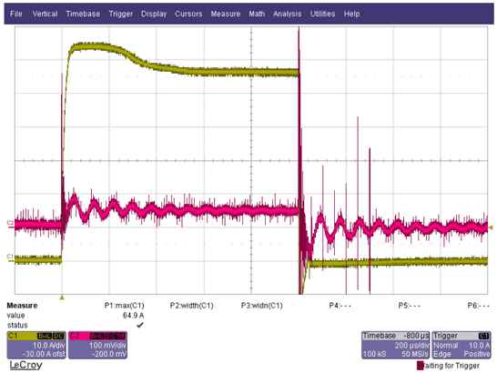 Oscilloscope capture of a current step to about 65 A: current through the module (yellow) and voltage drop over the module (red)