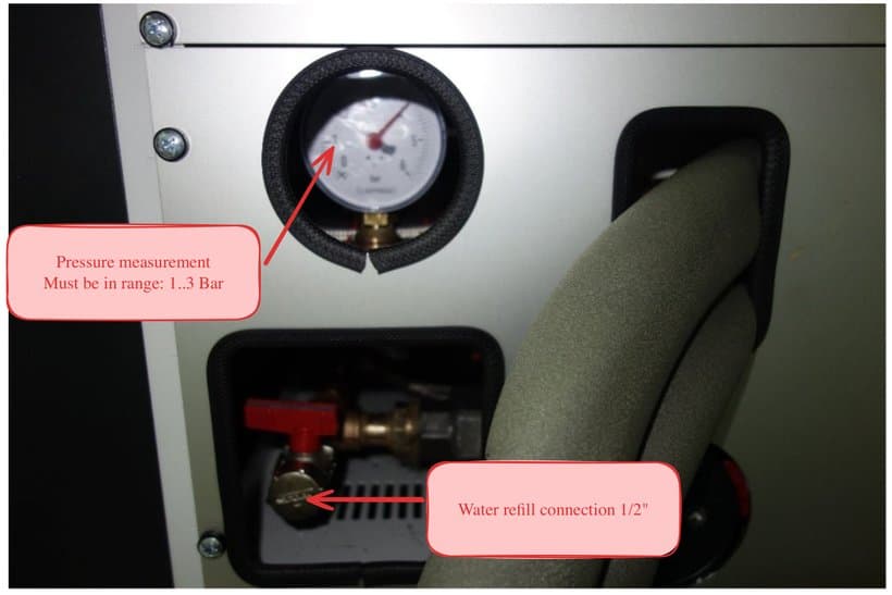 Manometer für die Druckmessung (muss im Bereich 1..3 bar liegen) und Nachfüllanschluss 1/2"