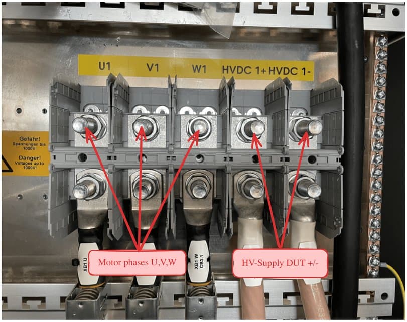 Current bars for the DUT connection: motor phases U1, V1, W1 and HV-supply DUT HVDC 1+ and HVDC 1-