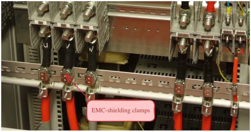 EMC shielding clamps at the emulator connections