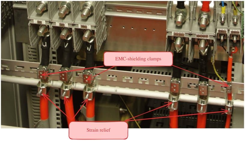 Motor phase cables with EMC shielding clamps and strain relief on the shielding rail