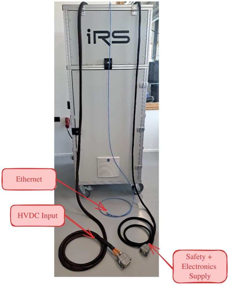 Connections at the top of the EME cabinet: Ethernet, HVDC input, safety and electronics supply