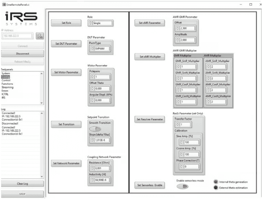 Config sub-panel with motor parameters on the left and position sensor parameters on the right