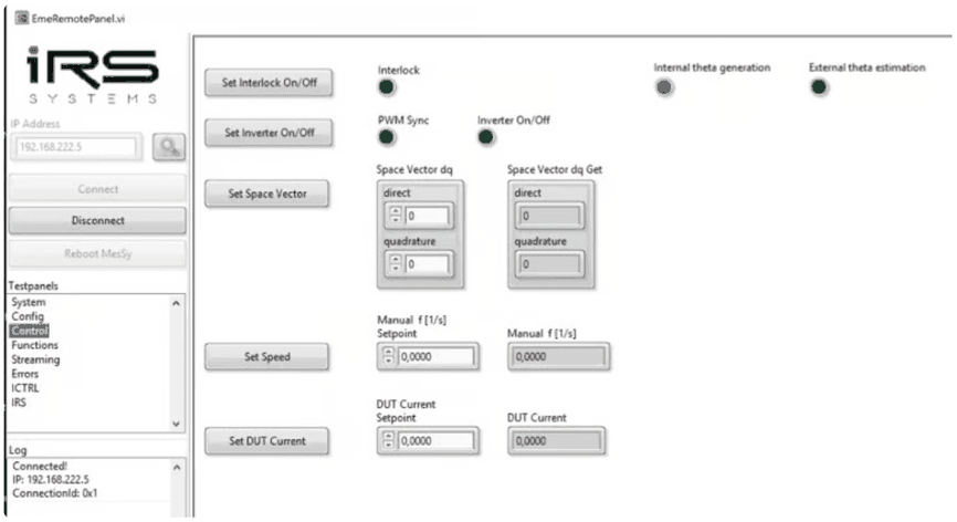 Control sub-panel with Set Interlock On/Off, Set Inverter On/Off, Set Space Vector, Set Speed and Set DUT Current