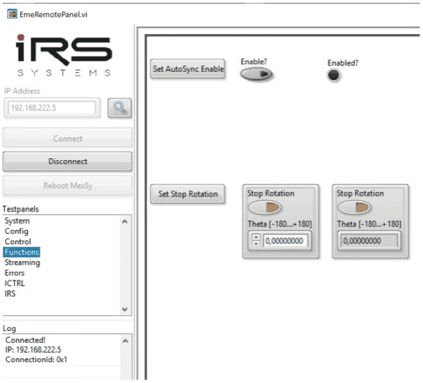 Functions sub-panel with Set AutoSync Enable and Set Stop Rotation with Theta