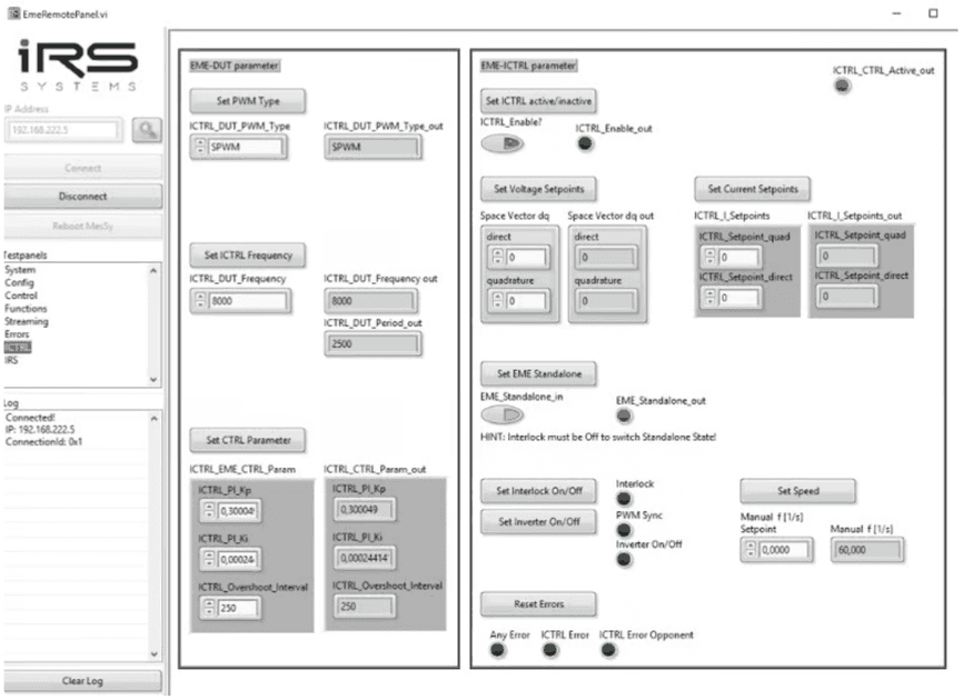 ICTRL sub-panel with PWM type, frequency, controller parameters, voltage and current setpoints and EME standalone