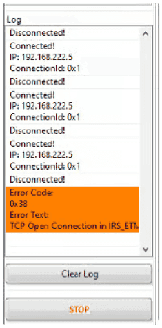 Log window with connect and disconnect events, an error marked in orange, Clear Log and STOP buttons