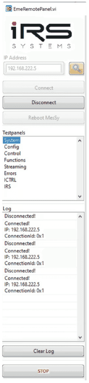 EME_RemotePanel with IP address, Connect/Disconnect buttons, list of test panels and log window