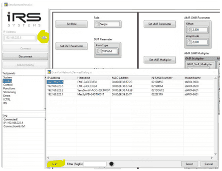 Test panel with the scan button and the scan dialog listing the EME devices found in the network