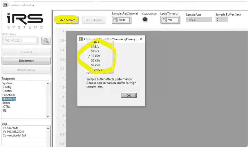 Streaming sub-panel with the Start Stream button and the dialog to select the sampling rate