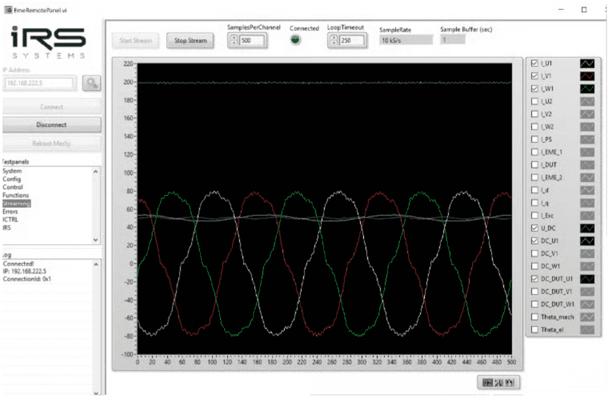 Streaming sub-panel showing phase current waveforms and the list of selectable channels