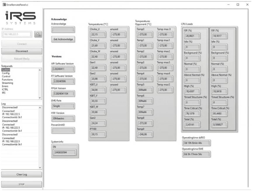 System sub-panel with versions, temperatures, CPU load and operating times