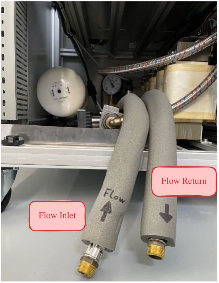 Cooling water connections with flow inlet and flow return