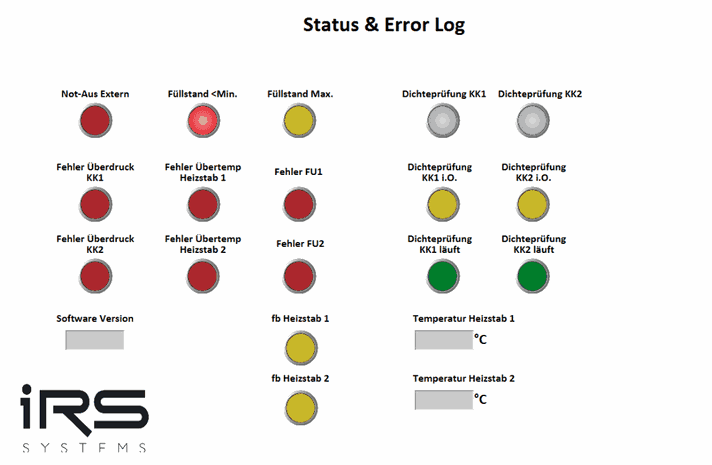 Status & Error Log screen with error and status lights, software version and heating element temperatures