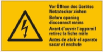 Warning sign: Disconnect the mains plug before opening the device (German, English, French, Spanish)