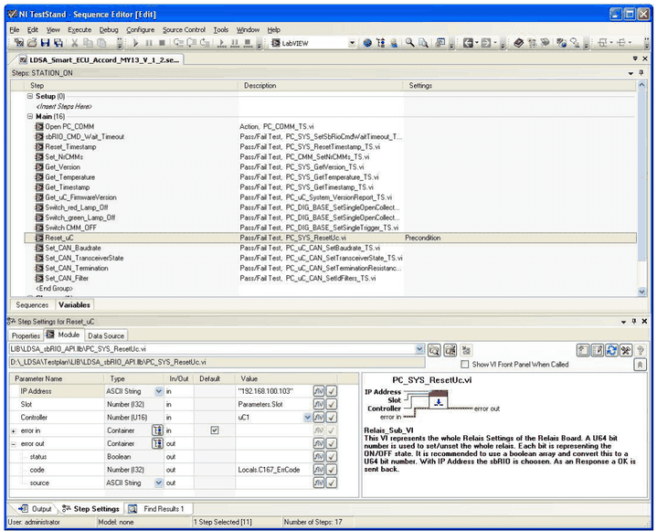 NI TestStand Sequence Editor mit einem typischen Ausführungsablauf: Schritte Open PC_COMM, sbRIO_CMD_Wait_Timeout, Zeitstempel zurücksetzen, CMM, Version, Temperatur und CAN-Einstellungen, Schritteinstellungen von PC_SYS_ResetUc.vi