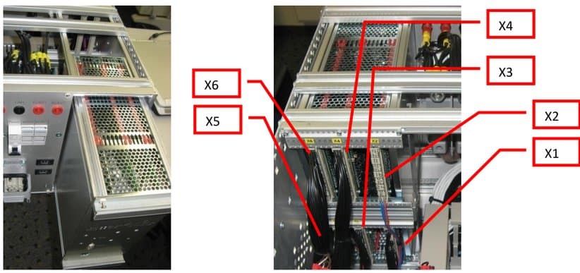 Measurement system plugged into the load box, VG connectors X1 to X6 marked