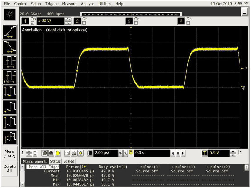 Oscilloscope capture of a MOSFET output with 1 kOhm pull-up: period approx. 10 µs, duty cycle approx. 49.8 %