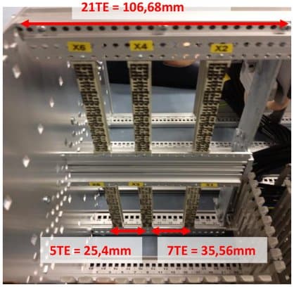 Mounting rail with VG connectors X6, X4, X2 and X5, X3, X1: total width 21TE = 106,68mm, spacing 5TE = 25,4mm and 7TE = 35,56mm