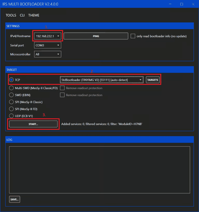 IRS Multi Bootloader with the IP, bootloader type and Start fields highlighted
