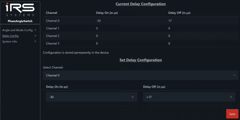 WebServer Delay Config mit Delay On -30 und Delay Off +17 für Channel 0