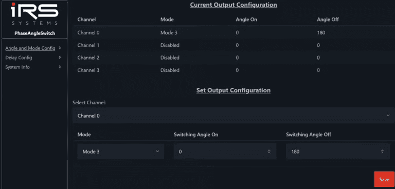 WebServer Angle and Mode Config mit Mode 4, Angle On 0 und Angle Off 180