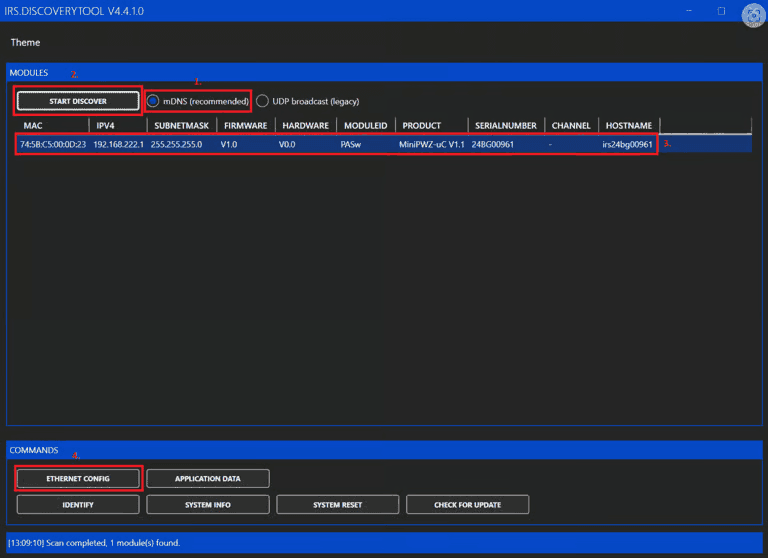 IRS DiscoveryTool mit markierter mDNS-Auswahl, Modulsuche, Modul und Ethernet Config