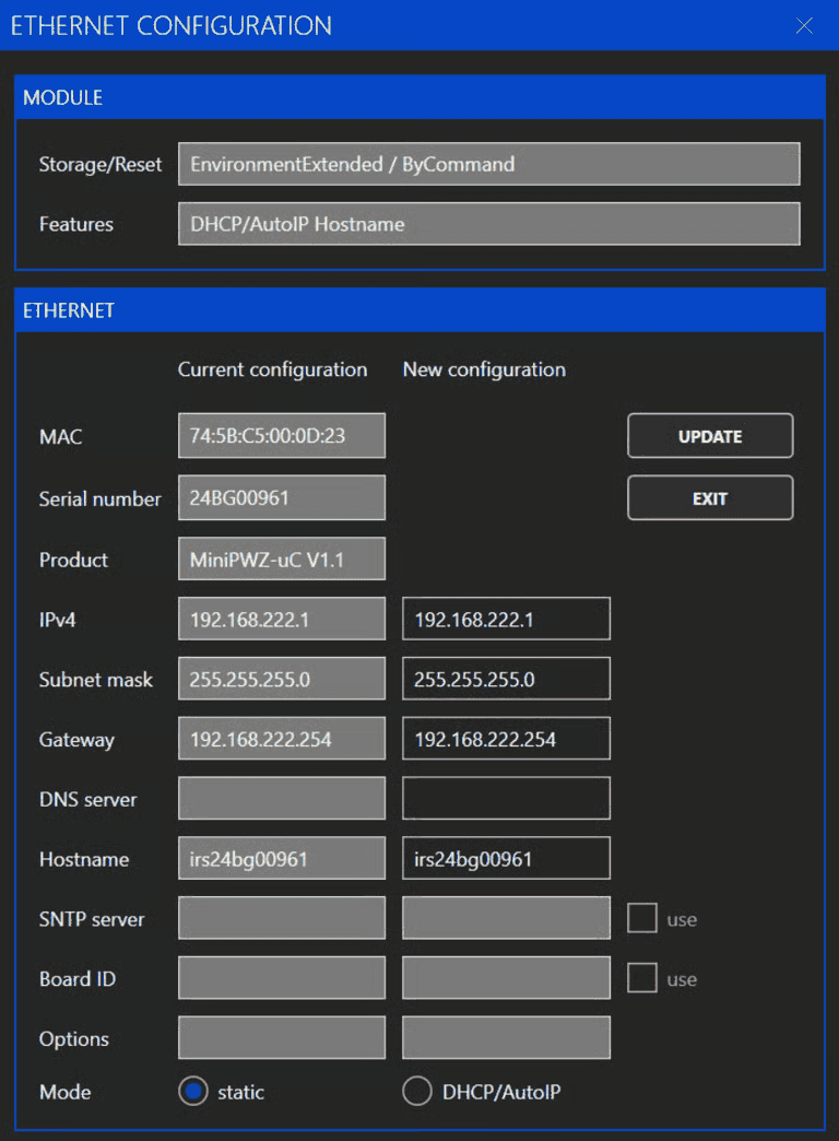 Fenster Ethernet Configuration mit aktueller und neuer Konfiguration