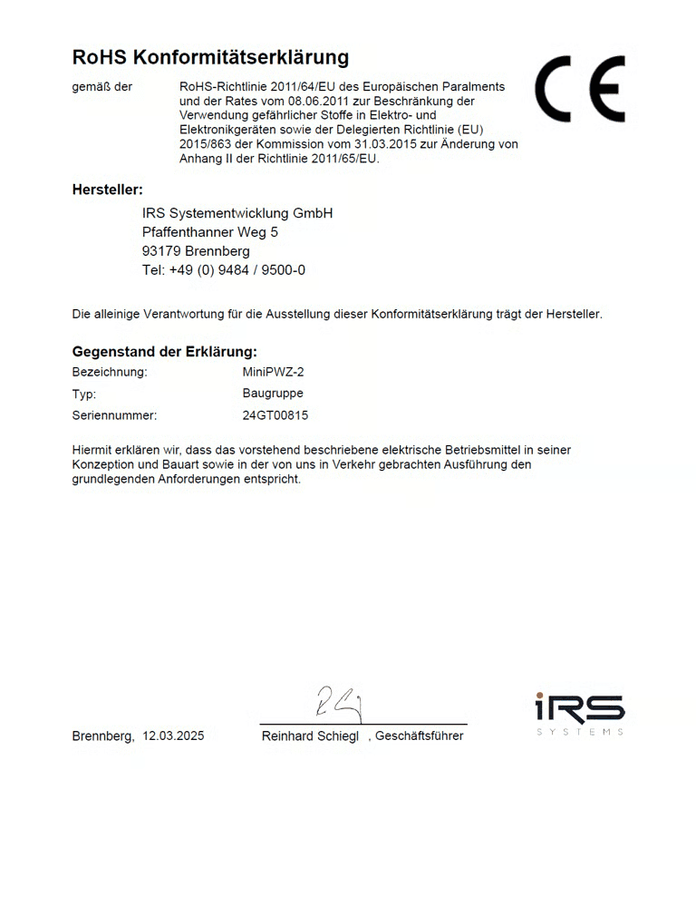 RoHS Konformitätserklärung der IRS Systementwicklung GmbH für die MiniPWZ-2