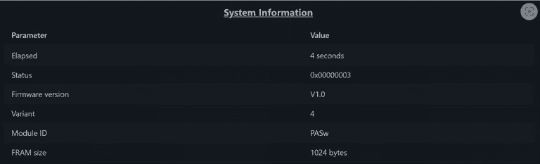 System Information with firmware version, variant, Module ID