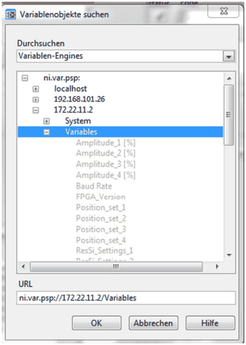 Dialog to browse variable engines, Variables of 172.22.11.2 selected