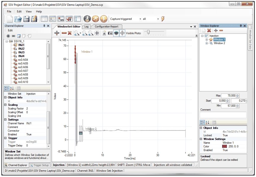 SSV Project Editor with window set Injection, Window 1 and Window 2 placed on the signal of channel INJ1