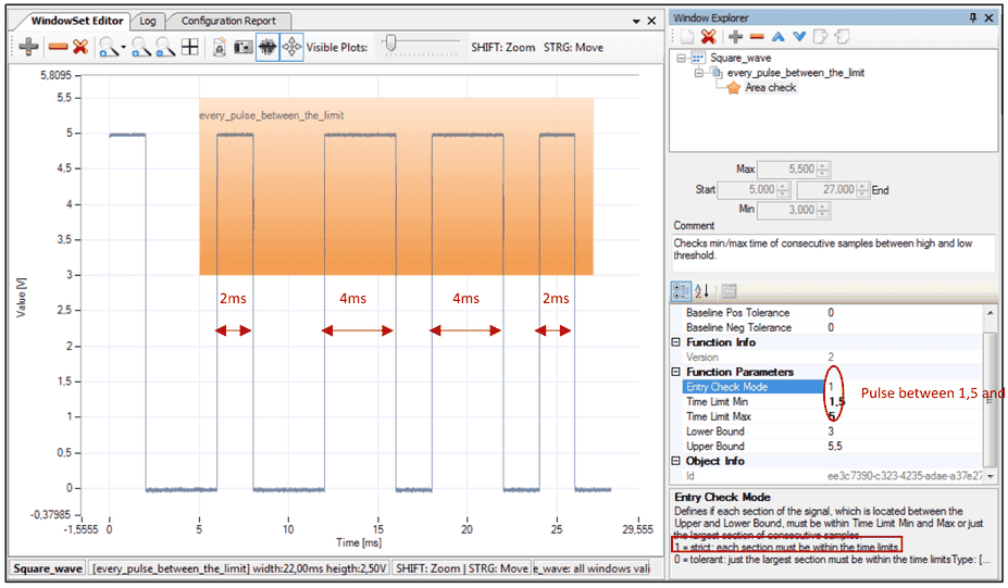 Area Check every_pulse_between_the_limit: Pulse von 2, 4, 4 und 2 ms, Entry Check Mode 1, Puls zwischen 1,5 und 5 ms