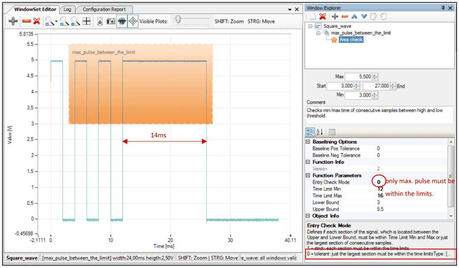 Area Check max_pulse_between_the_limit: längster Puls 14 ms, Entry Check Mode 0, Time Limit Min 12 und Max 16, nur der maximale Puls muss innerhalb der Grenzen liegen