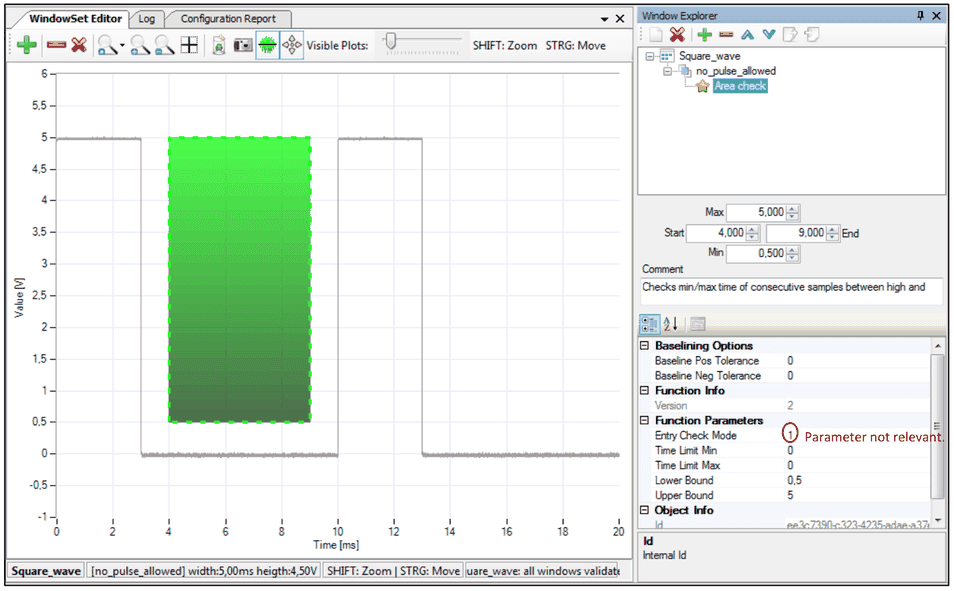 Area Check no_pulse_allowed: Fenster zwischen 4 und 9 ms, Time Limit Min und Max 0, Entry Check Mode nicht relevant