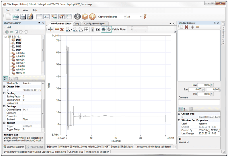 SSV Project Editor showing a triggered snapshot of channel INJ1