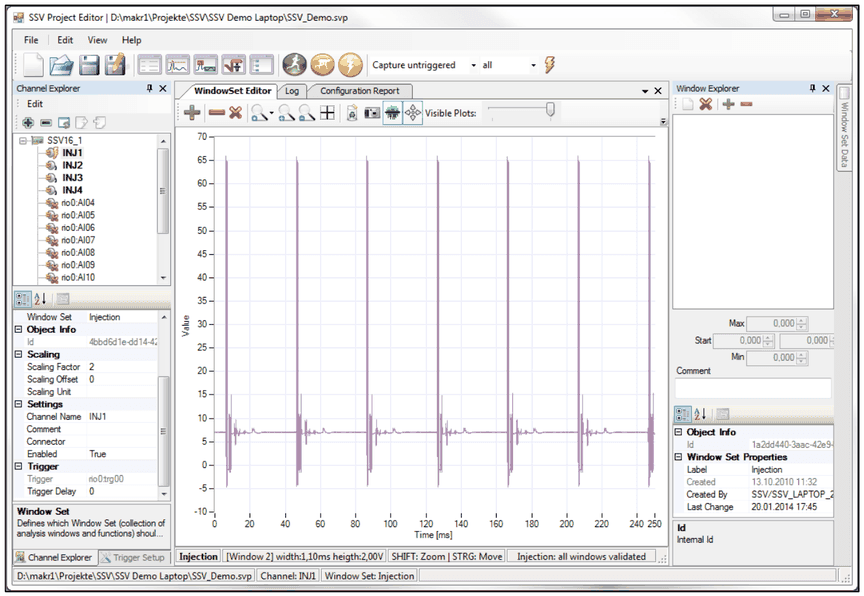 SSV Project Editor showing an untriggered snapshot of channel INJ1