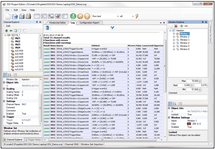 Log tab with test report: result, name, source, infotext, number of errors, value and limits per function