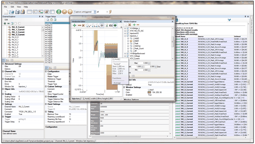 SSV Project Editor with floating WindowSet Editor and Window Explorer, Trigger Setup docked next to the Channel Explorer and Log next to Configuration Report