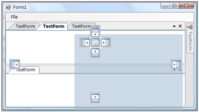 Dragging a pane: cross of blue docking icons over another window