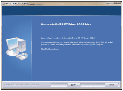 Willkommensseite des Setups der IRS SSV Drivers