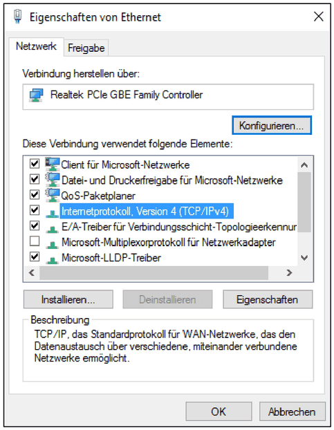 Windows-Ethernet-Eigenschaften mit aktiviertem Internetprotokoll, Version 4 (TCP/IPv4)