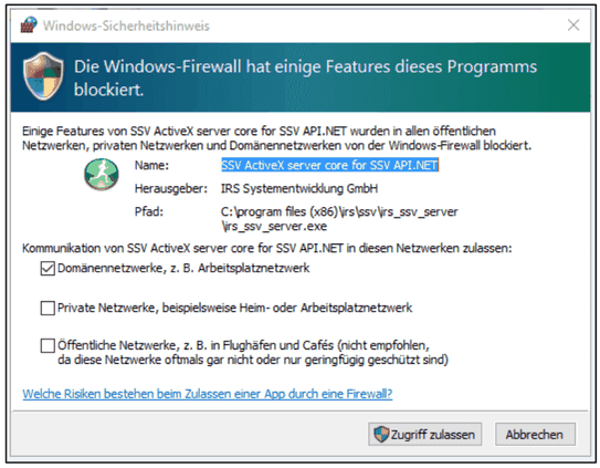 Sicherheitshinweis der Windows-Firewall für SSV ActiveX server core for SSV API.NET
